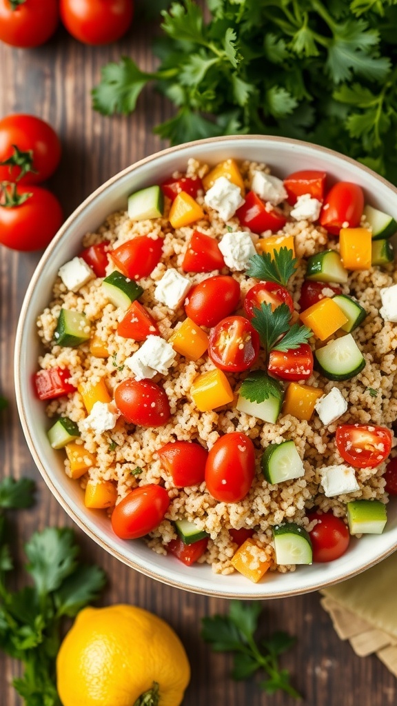A vibrant quinoa salad bowl with tomatoes, cucumber, bell peppers, feta cheese, and parsley on a wooden table.